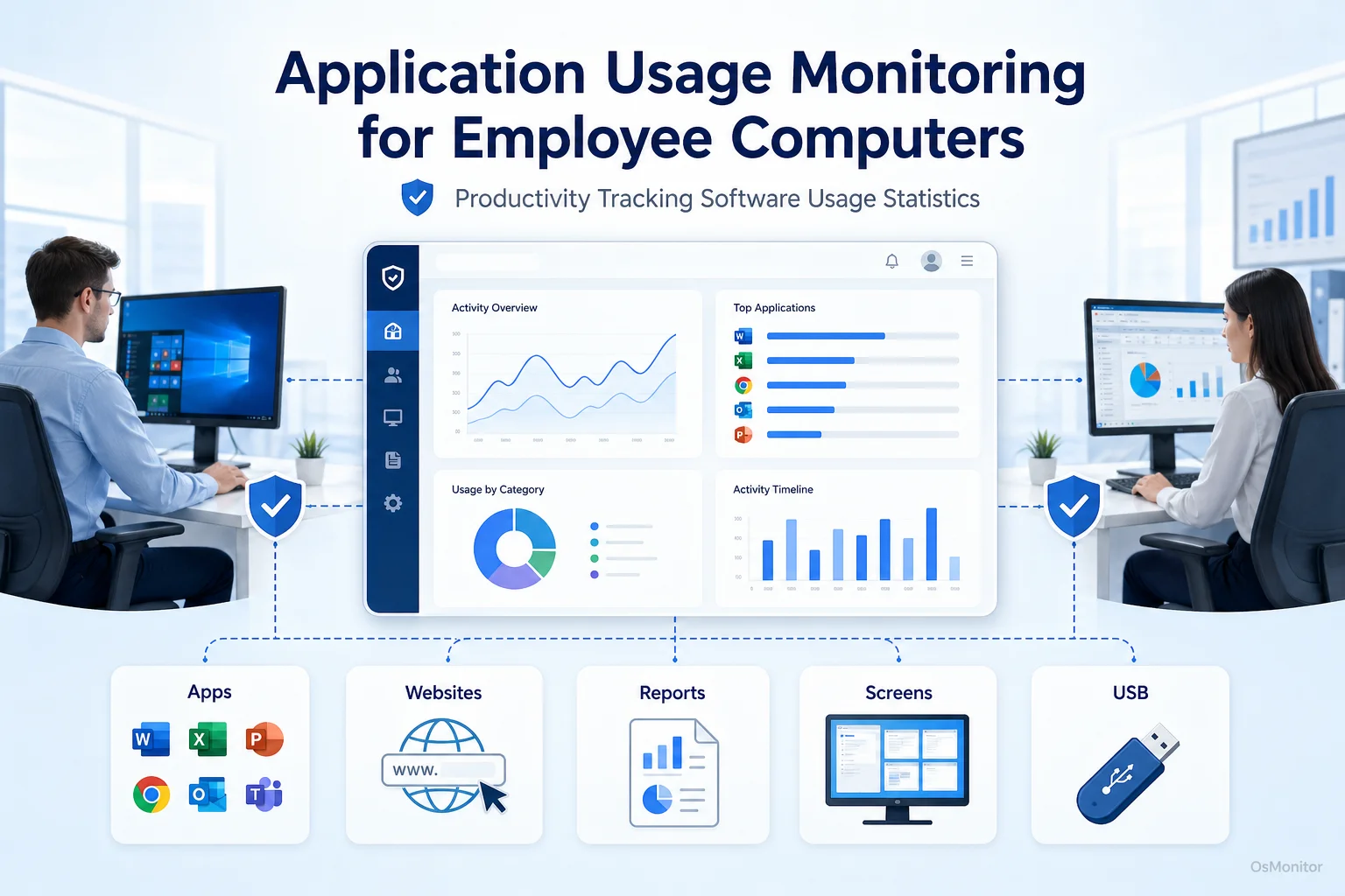productivity tracking software usage statistics overview infographic for OsMonitor