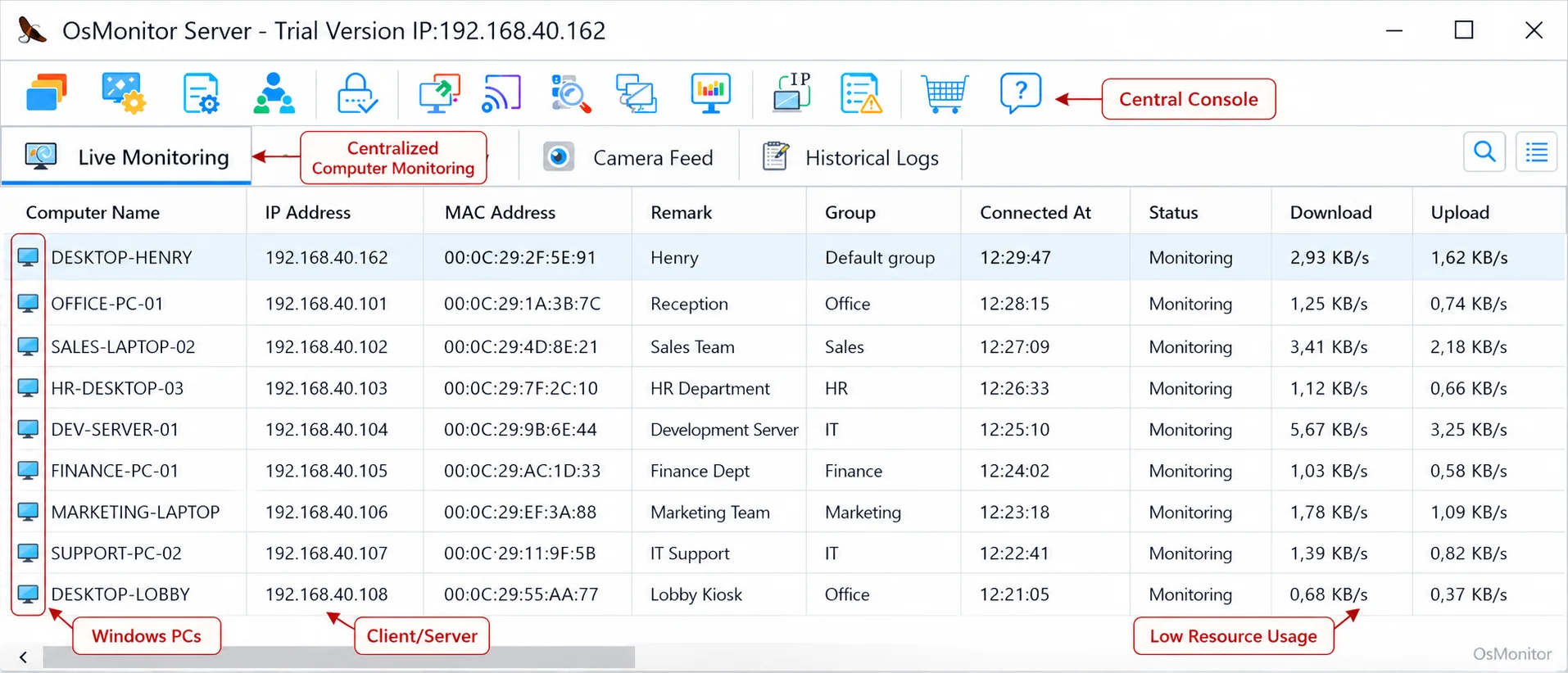 Giám sát máy tính tập trung trong OsMonitor cho phần mềm giám sát nhân viên miễn phí