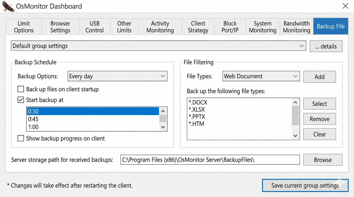 OsMonitor interface for configuring file shadow copies for data loss prevention