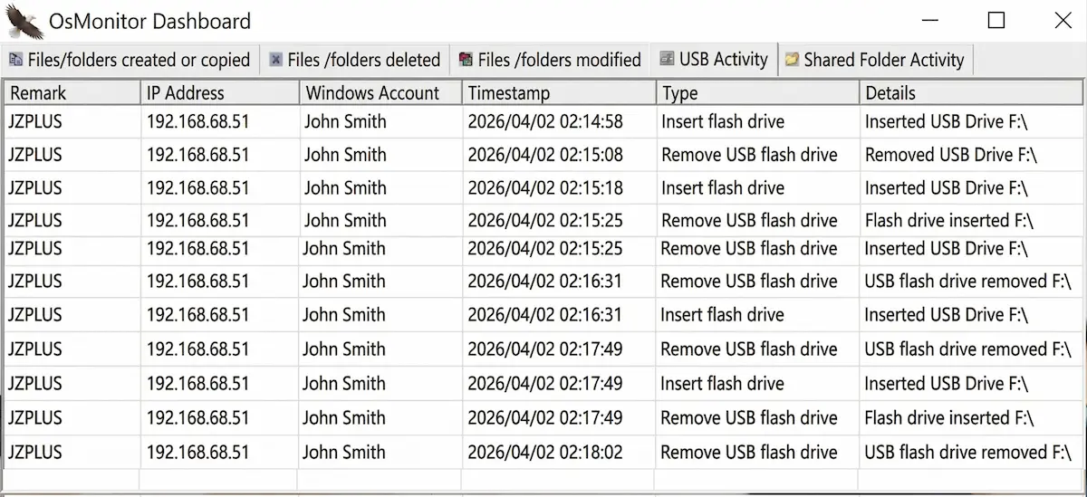 USB audit log showing USB drive insertion and removal events