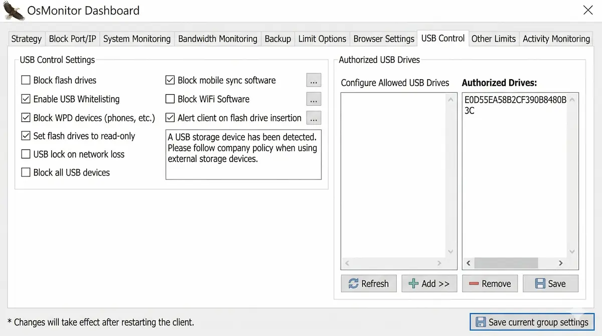 USB device control software interface for blocking USB drives and mobile devices