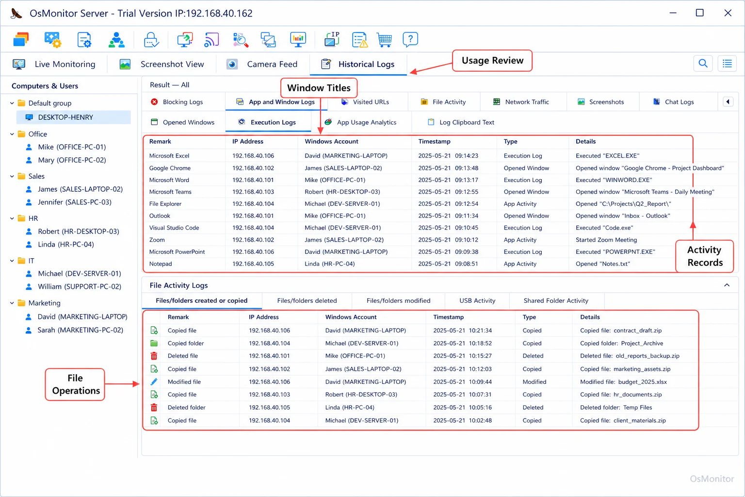 Captura de pantalla de OsMonitor destacando los registros de actividad de la computadora