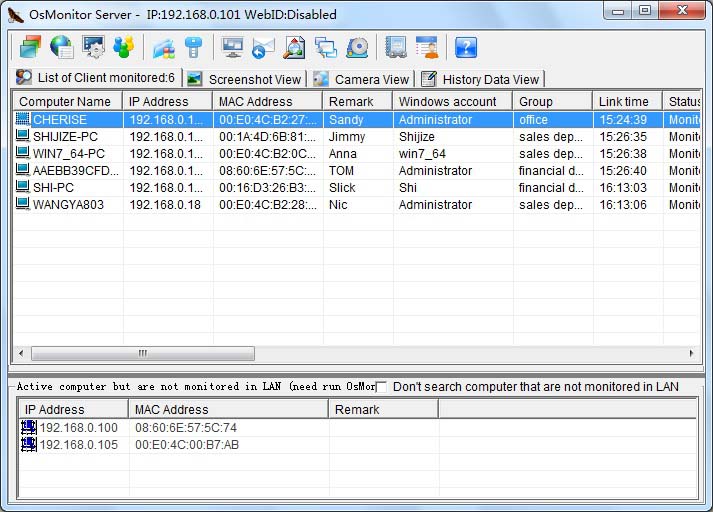 OsMonitor server monitoring list view